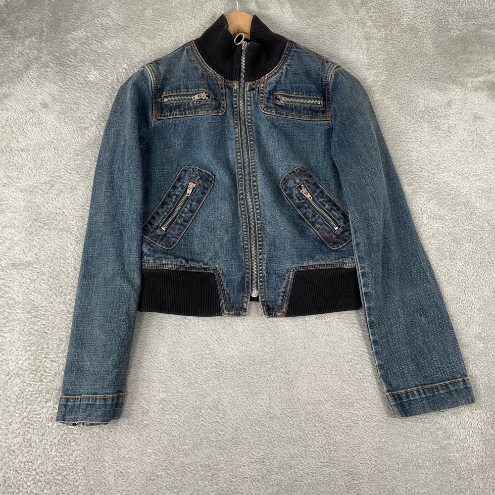 Bebe Denim Jacket Womens Small Blue The Clash Death Or Glory Y2K Bomber Vintage